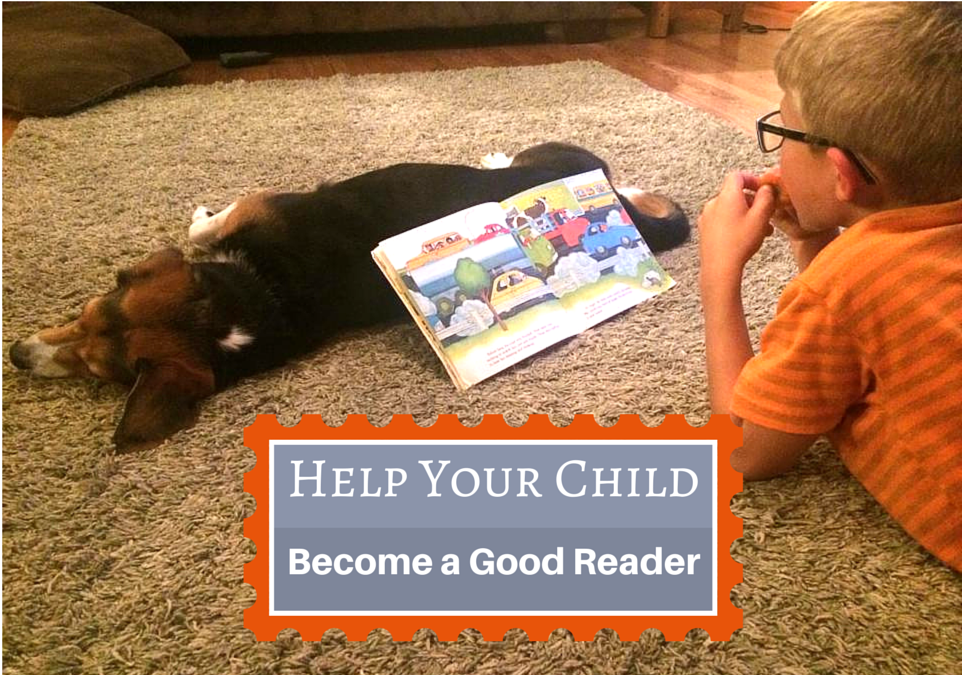 child and dog reading
